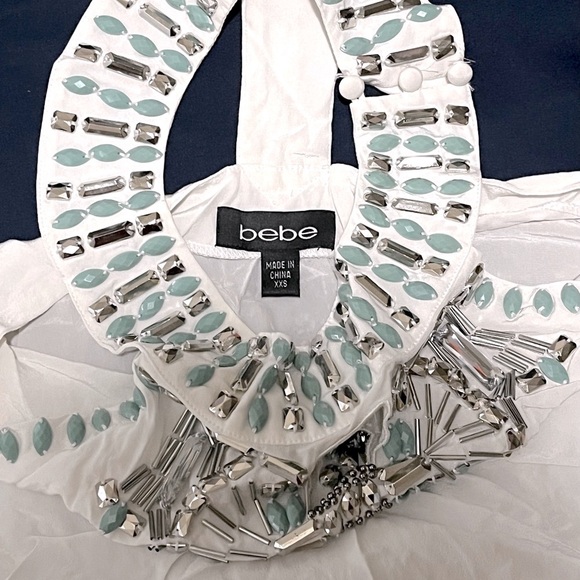 BEBE 100% Silk Ivory Cleo White Tunic Size XXS Embellishments Turquoise gems - Picture 2 of 9